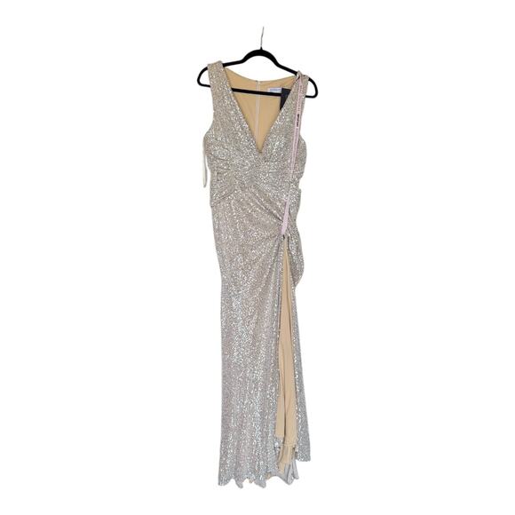 Mac Duggal 26598 Evening Gown V-Neck Faux Wrap Nude Silver Sequin Size 10 NWT - Picture 5 of 16